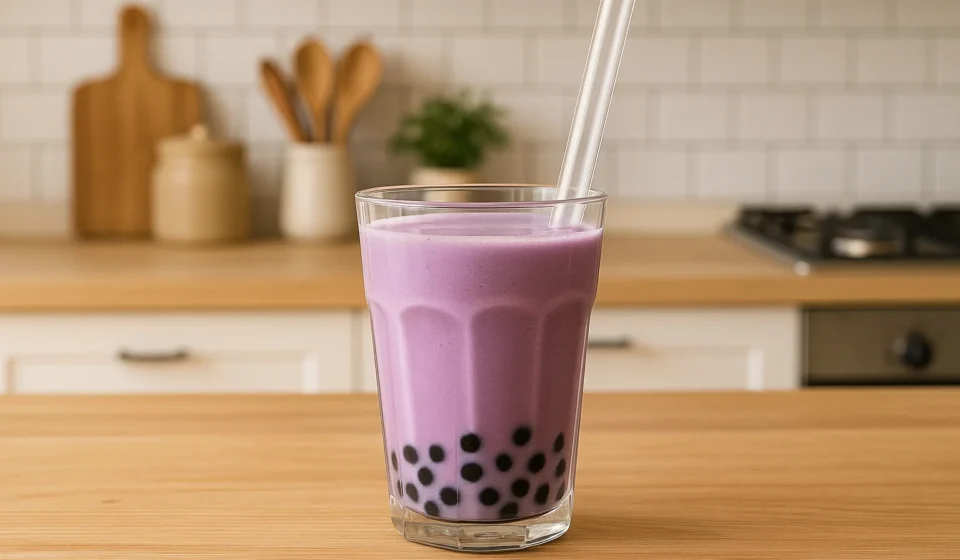 Bubble tea à l’ube : la recette simple et gourmande ! bubble tea ube dans une cuisine