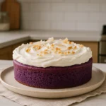 gateau au ube présenté dans une cuisine