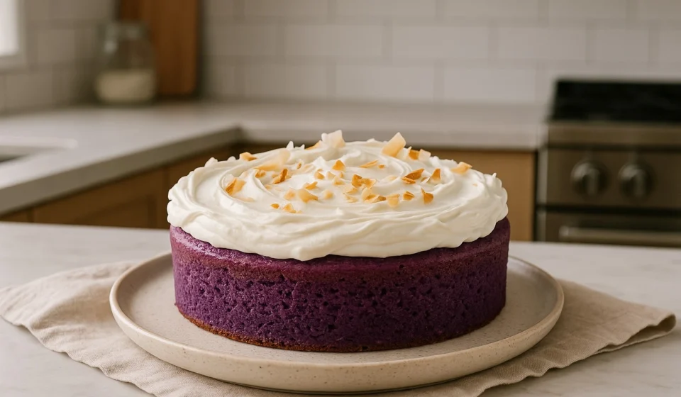 Gâteau au ube : recette simple et gourmande gateau au ube présenté dans une cuisine