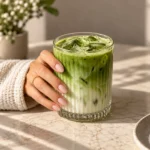 Quel est le goût du matcha ? Matcha latte glacé dans un verre strié tenu à la main sur une table en marbre