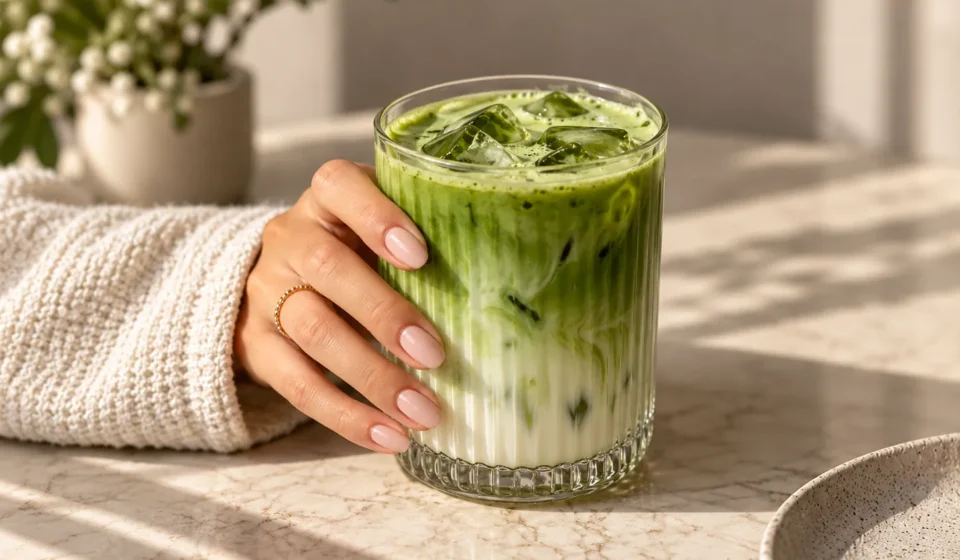 Quel est le goût du matcha ? Matcha latte glacé dans un verre strié tenu à la main sur une table en marbre